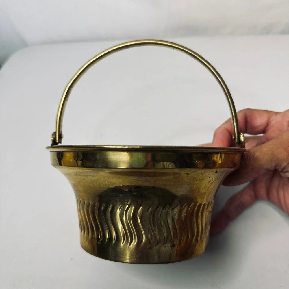 Vintage Brass Basket Bowl with Handle Made in India Fluted Embossed Decorative